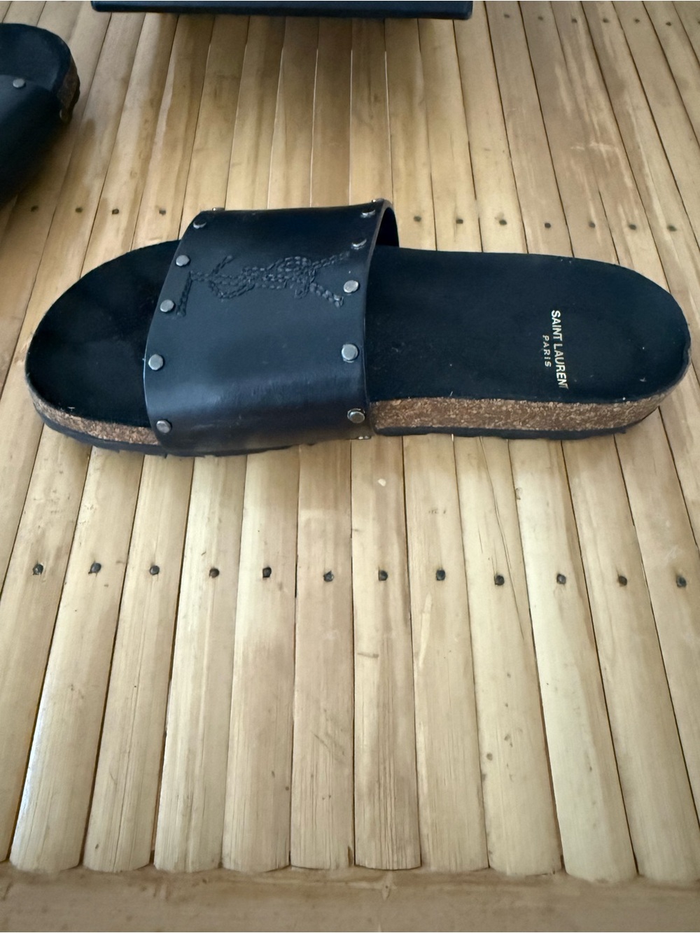 Saint Laurent Black Leather Stud Slide Sandals - Picture 3 of 5